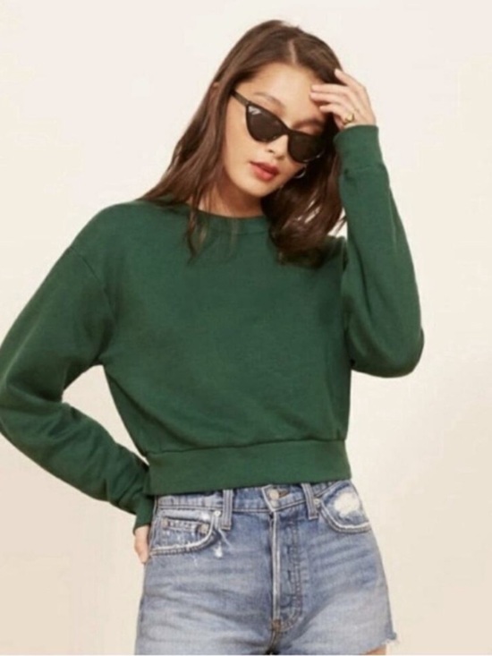 Sweaters - Reformation Jeans Forest Green Cropped Crewneck Sweatshirt Size Small Oversized